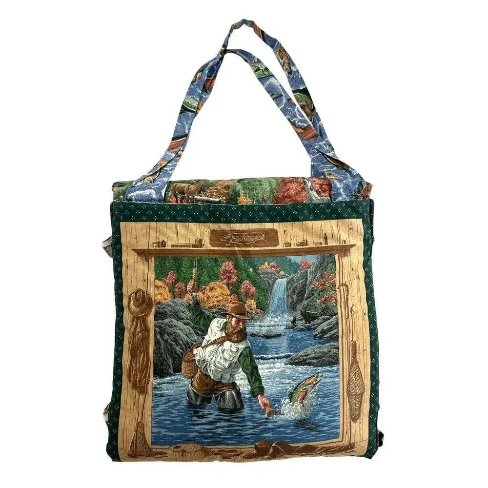 Vintage Fishing Duck Picnic Blanket Convertible Tote Bag Trout Cabin 41x65